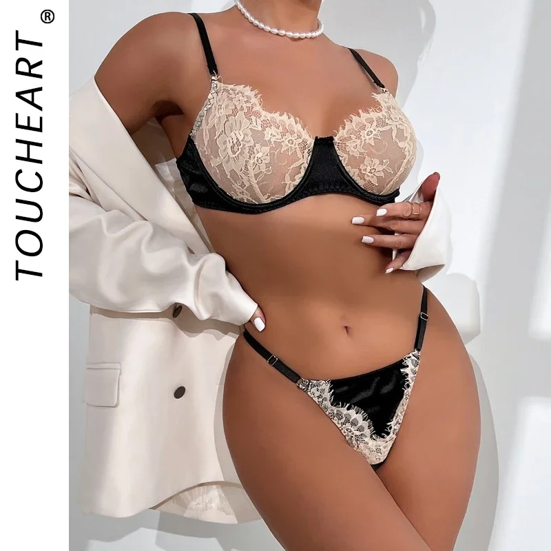 

Toucheart 2 Piece Set Sexy Lingerie Set Lace Patchwork Perspective Underwear Women Contrast Color with Steel Ring Sexy Bra Suit