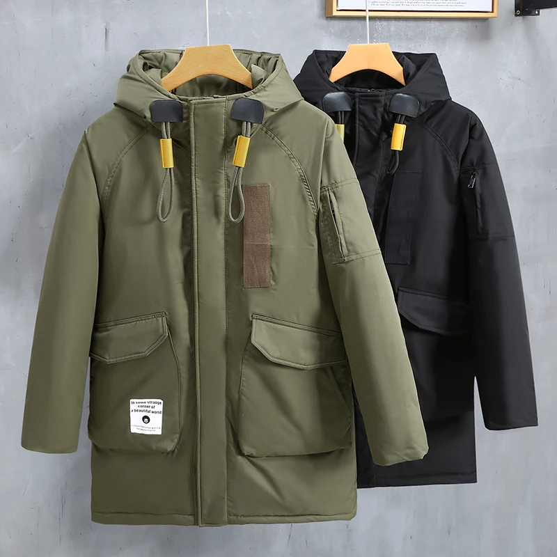 Men\'s Raglan sleeve Middle length Hooded Coat Winter White Duck Down Jackets Army green Thick Warm Parkas Large pocket Outerwear