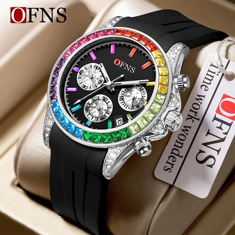 OFNS1579 Rainbow Diamond Chronometer Men's Watch Six Pin Quartz Movement Waterproof Calendar Night Light Luxury Women's Watch