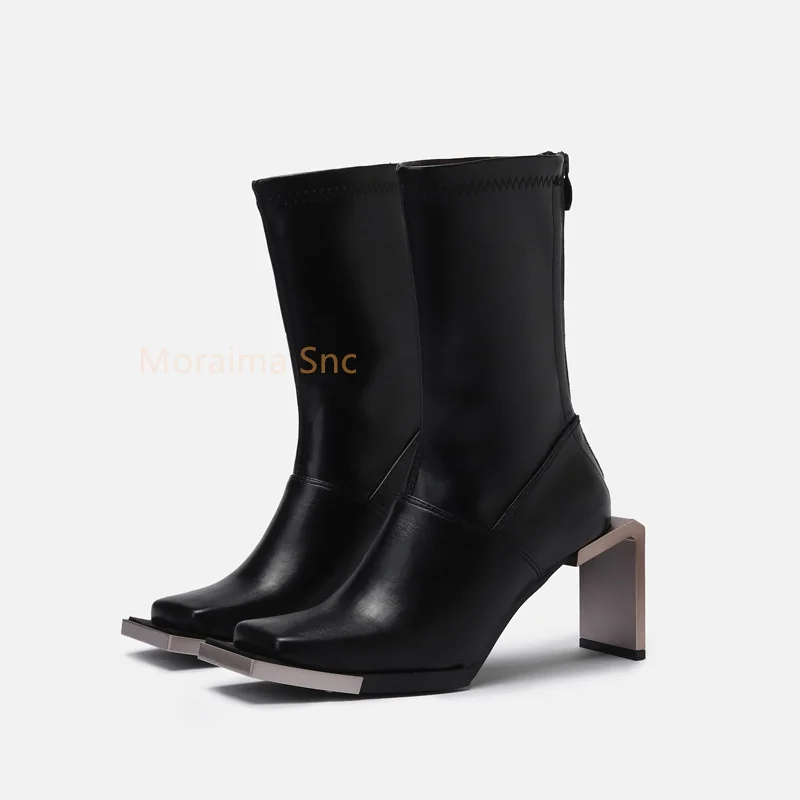 Metal Toe Strange Style Short Boots for Women Fashion Black Square Toe Niche Chelsea Elastic Boots Slim High Heel Ankle Boots