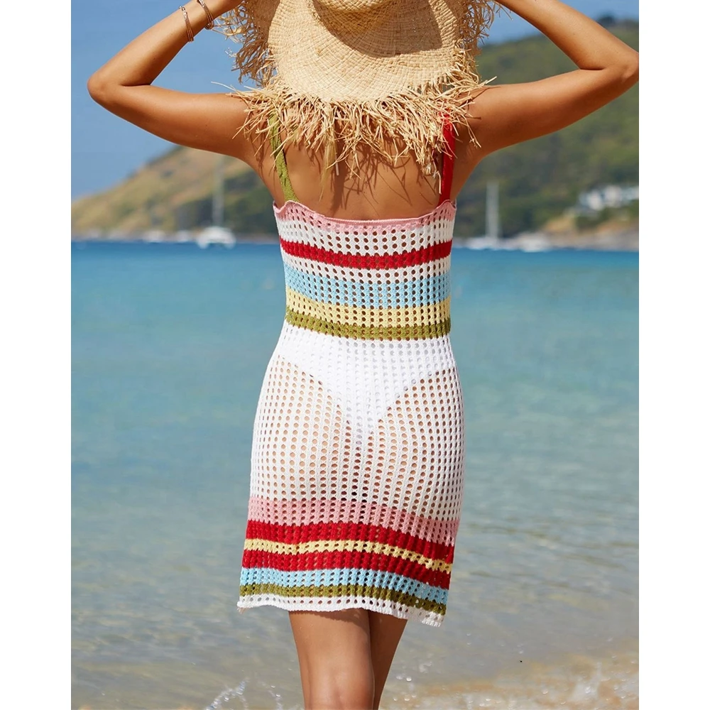 2024 Summer Women Striped Print Spaghetti Strap Hollow Out Knitted Cover-Ups Sexy Swimwear Beach Outfits Sundress Vacation