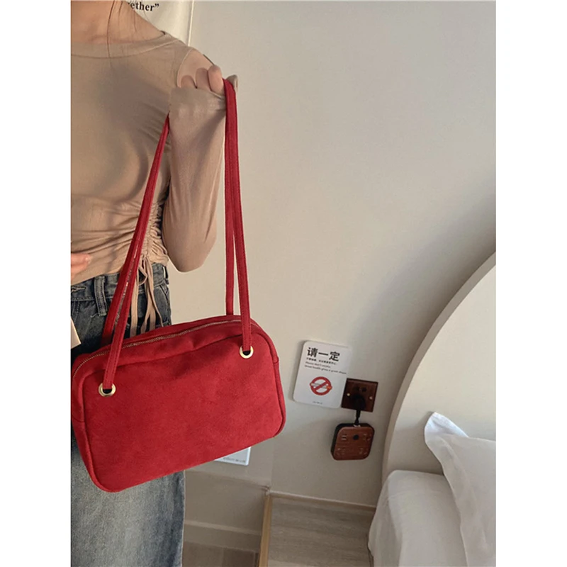 Red Vintage Faux Suede Shoulder Bag Large Capacity Solid Casual Commute Women\'s Tote Bag Summer New All-matching Underarm Bags