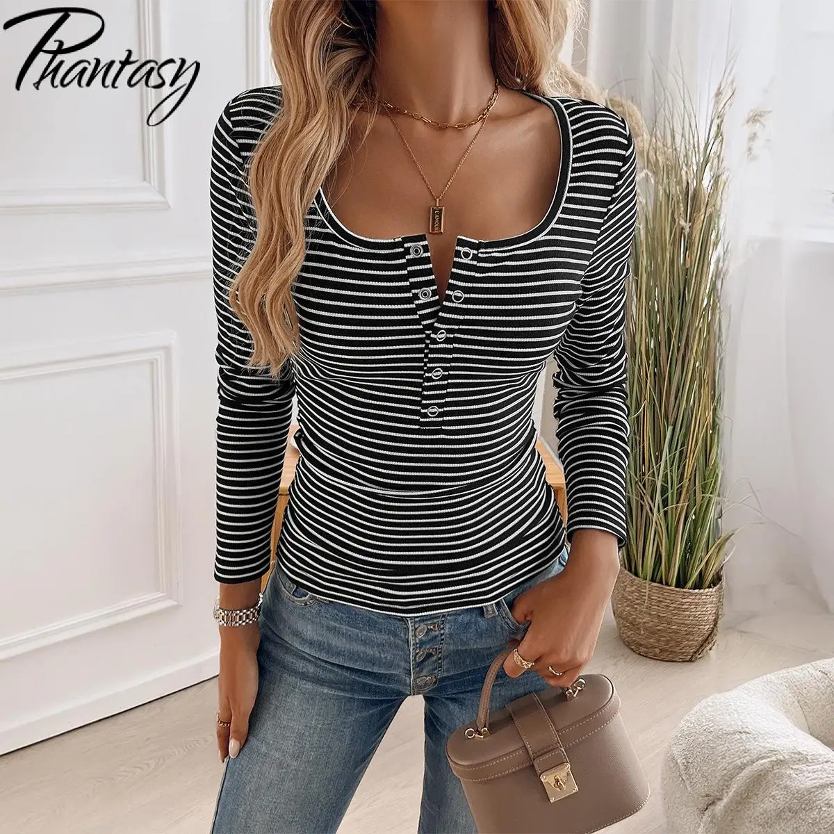 Phantasy Striped Black and White Shirt Womens Striped Tee Long Sleeve Tops Y2K Crewneck Autumn Streetwear Skinny Slim Outfit