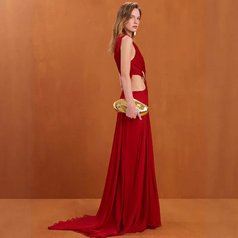 جديد مثير واحد الكتف غير النظامية قطع فستان طويل المرأة الأحمر أكمام مائل طيات سبليت فساتين السهرة فساتين الزفاف