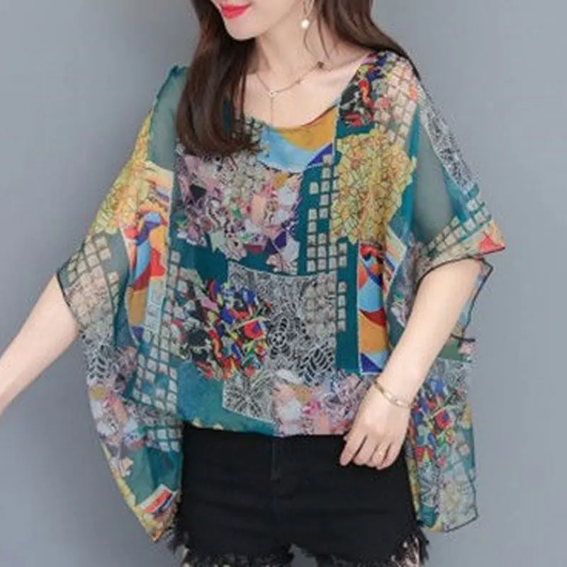 Summer Thin Casual Printed Korean Loose T-shirt Women\'s Clothing Patchwork All-match Round Neck Short Sleeve Chiffon Pullovers