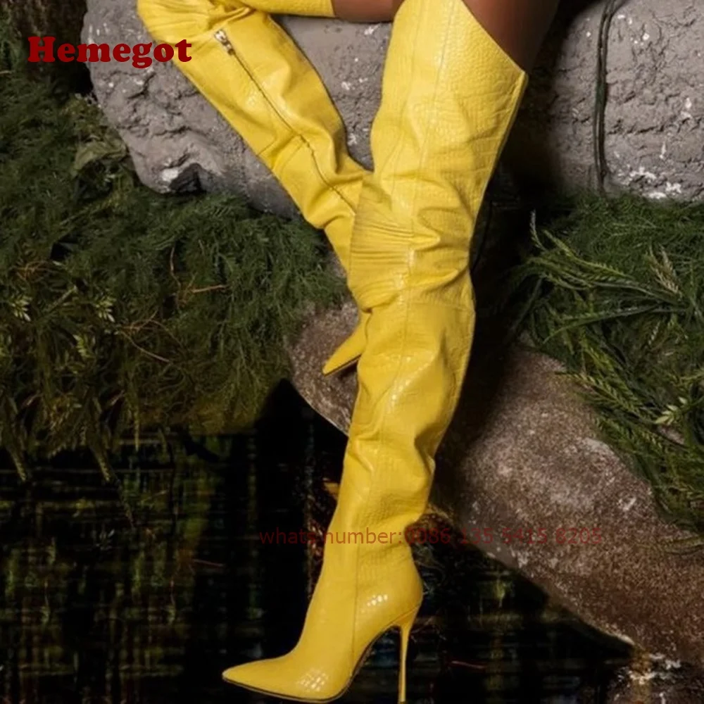 Croc-Pattern Yellow Thigh High Boots Pointy Toe Thin High Heels Side Zipper Women's Long Boots Winter Stiletto Runway Warm Shoes