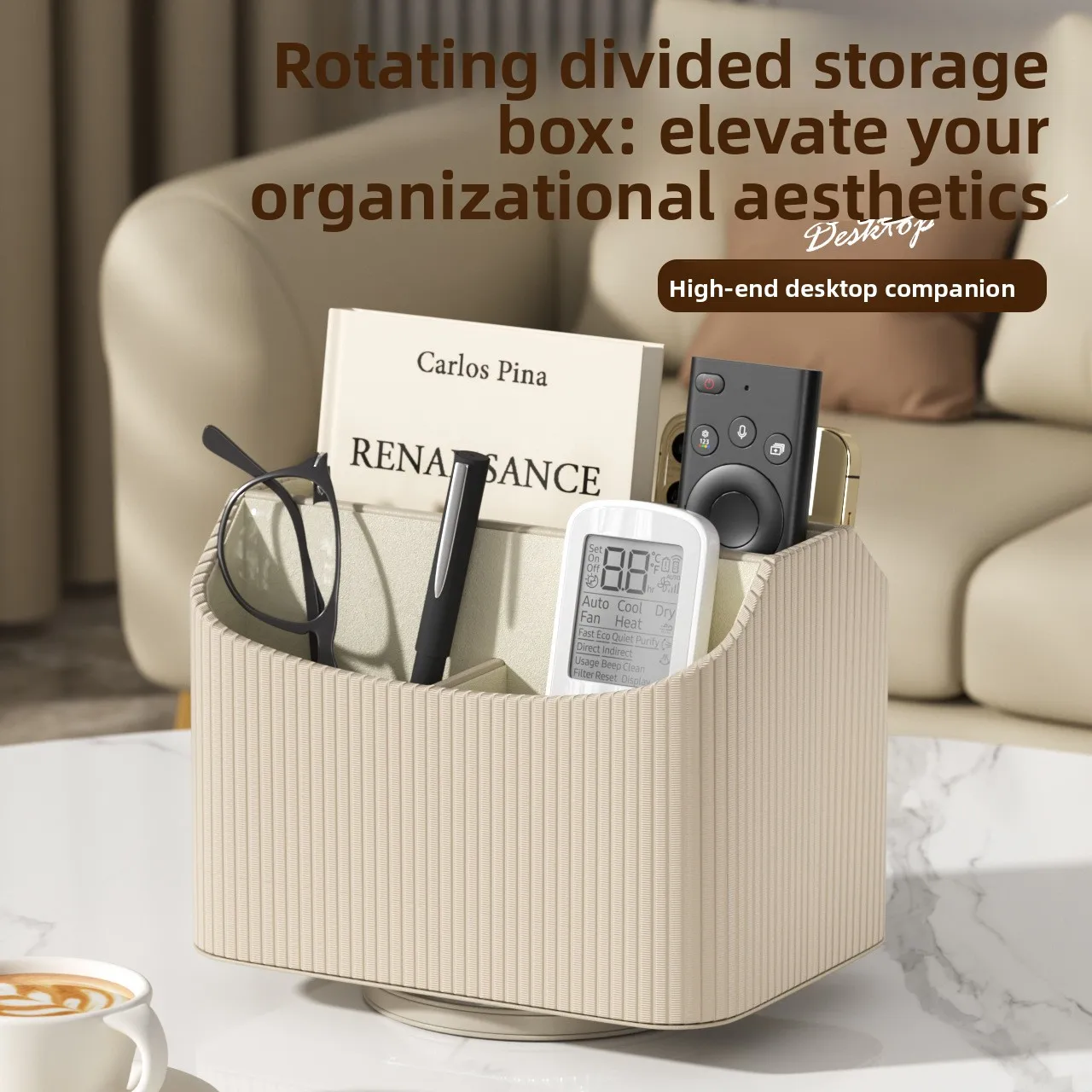 360 Rotating Desk Organizer Pen Holder with 4 Compartments, Luxury PU Leather Multi Slot Storage Box for Makeup Brushes