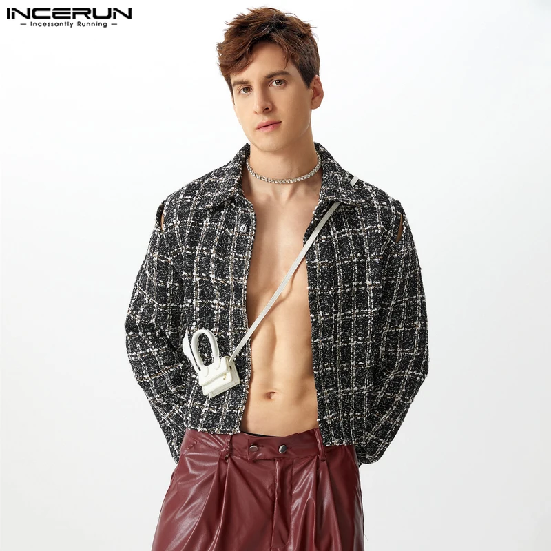 Incerun camisas masculinas com costura xadrez, casual, streetwear, manga comprida, tops vazados, ombros elegantes, baneros 2024