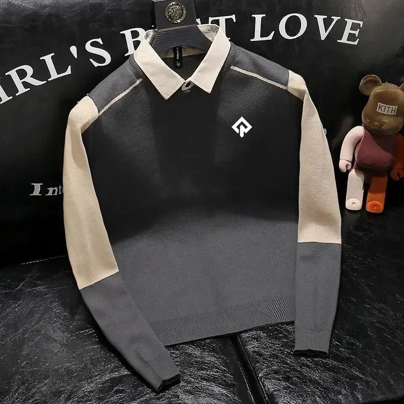 캠핑 Korean Golf Clothing Men Fake Two Items Knit Polo Shirt Men's Golf Wear 2024 Autumn New Polo Golf Top Fashion Casual Blouse