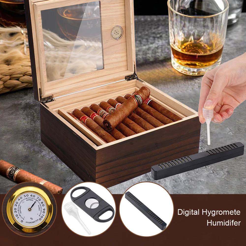 Cigar Wooden Humidor Glass Top with Hygrometer Divider Cigar-specific Box Household Wood Storage Case Holds 20-50 Cigars