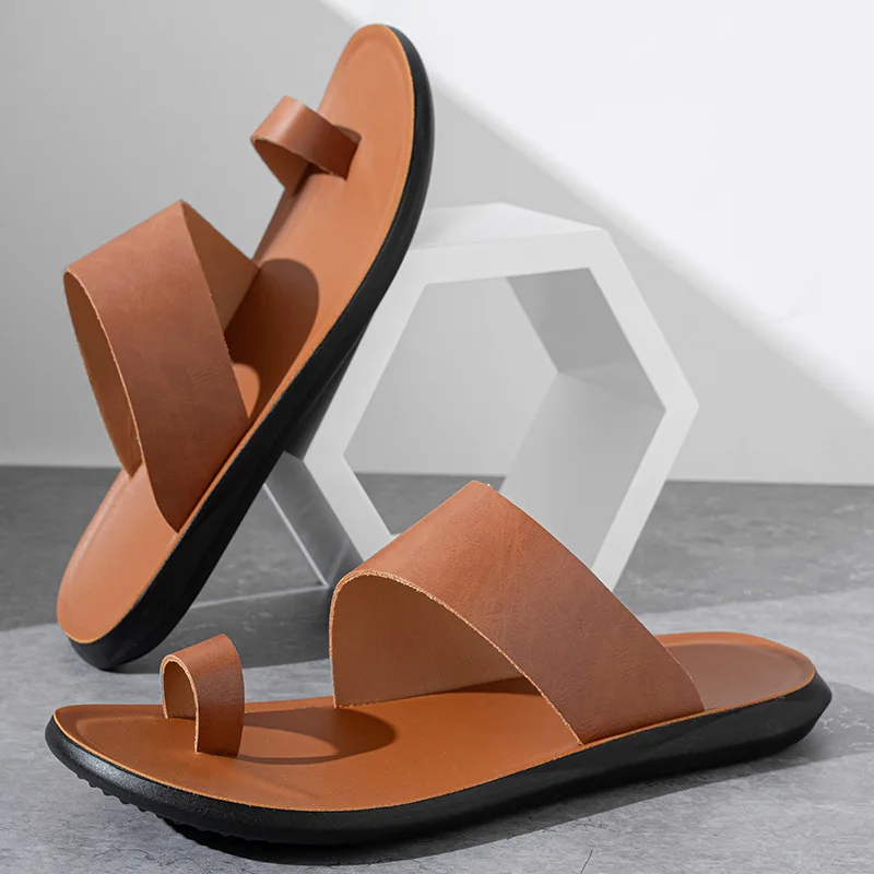

Men's Minimalist Toe Loop Slippers PU Leather Flat Casual Man Slippers Non-slip Comfortable Sandals for Summer Daily Beach