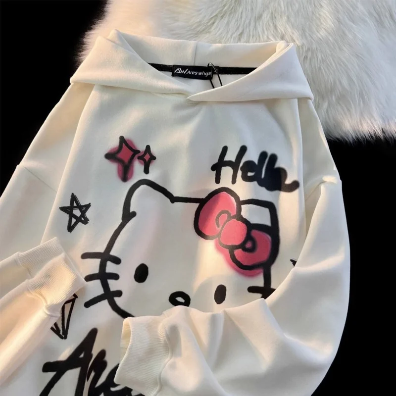 Sanrio Hello Kitty Gothic Hoody Sweater Cute Korean Fashion Hip Hop Black White Pullovers Coat 90s Vintage Sweatshirt Couple Y2k