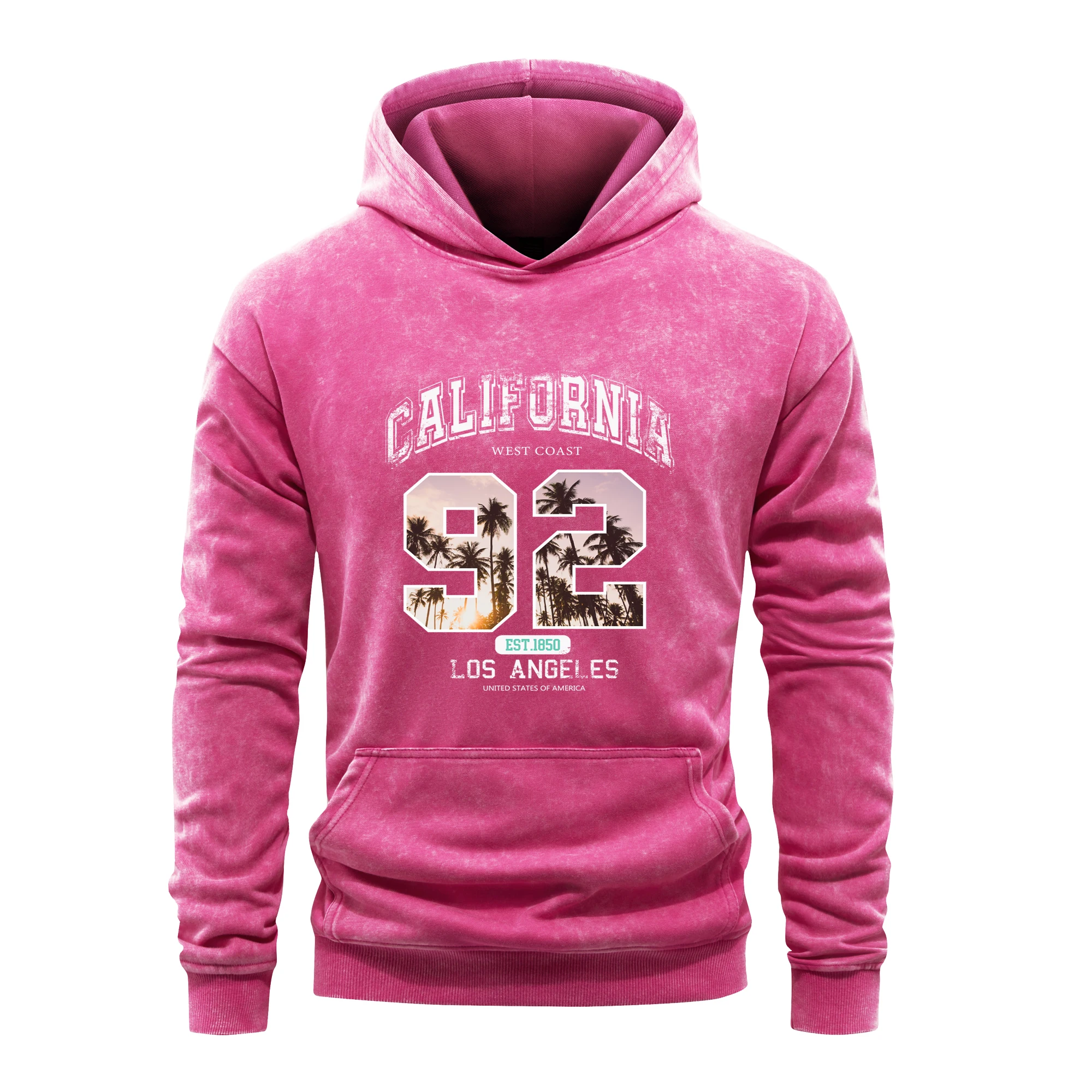 California West Coast Los Angeles Hoody Man Vintage Washed 100%Cotton Casual Loose Pullover Warm Fur-Liner Hoodie Simple Clothes