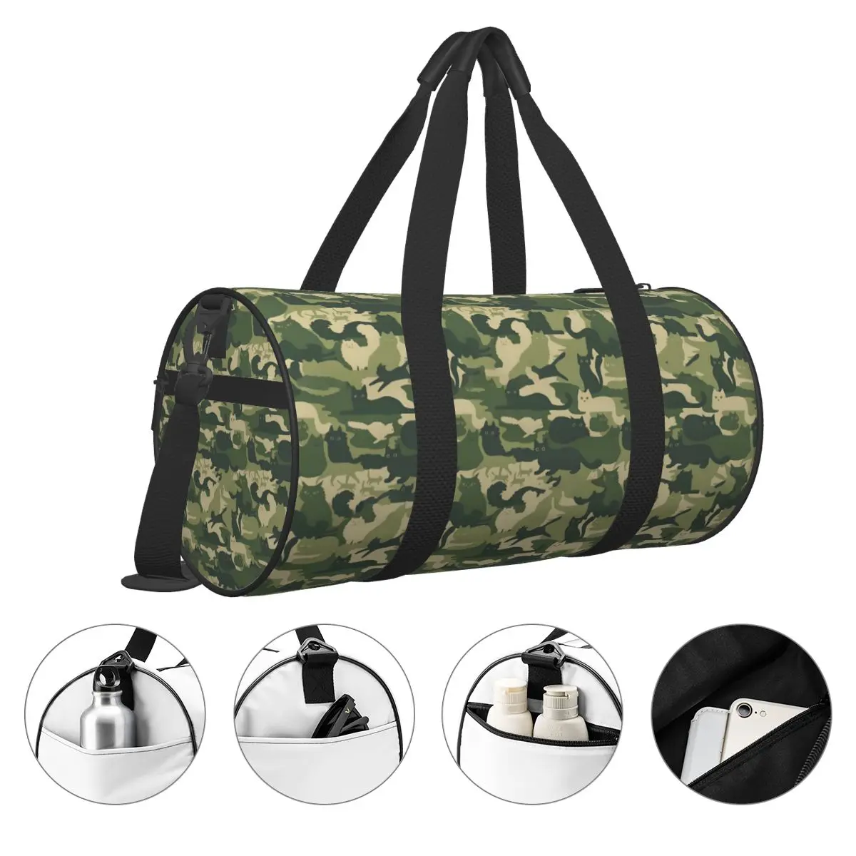 Gym Bag Army Green Camo Sports Bag with Shoes Camouflage Cats Men\'s Weekend Pattern Handbag Cute Luggage Fitness Bag