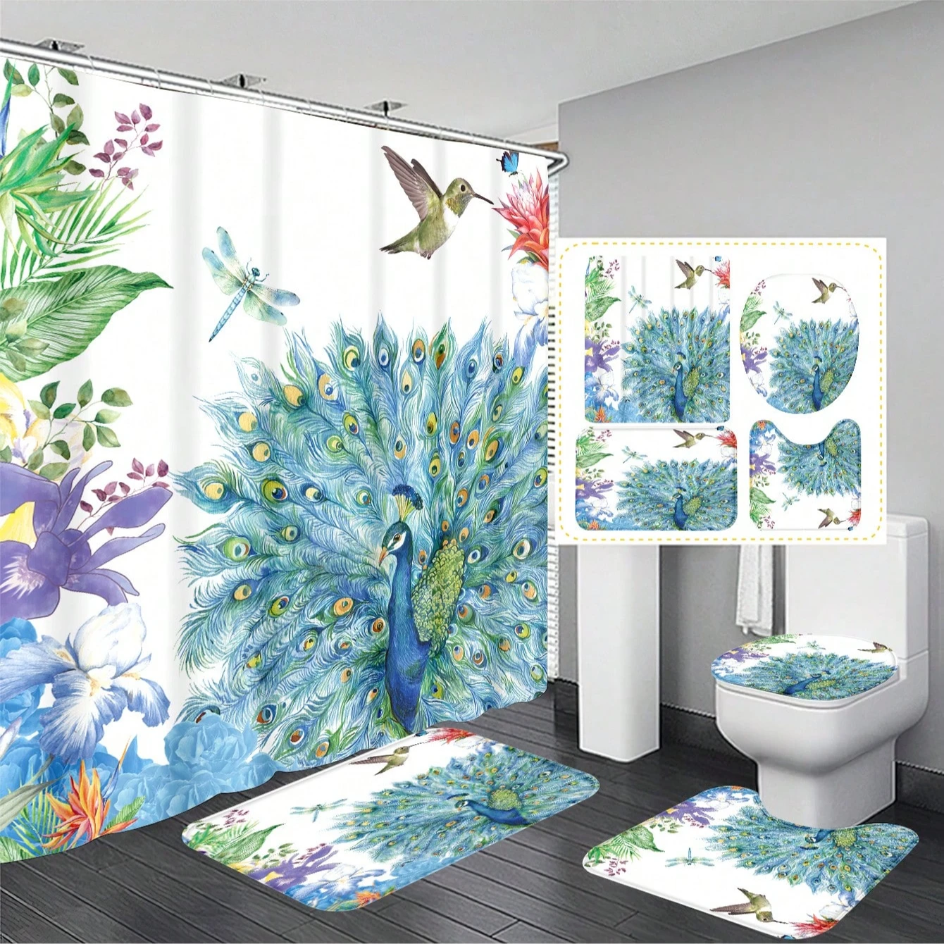 

4 шт. многофункциональная водонепроницаемая занавеска для душа в ванной комнате с 12 крючками, противоскользящий коврик для всех случаев