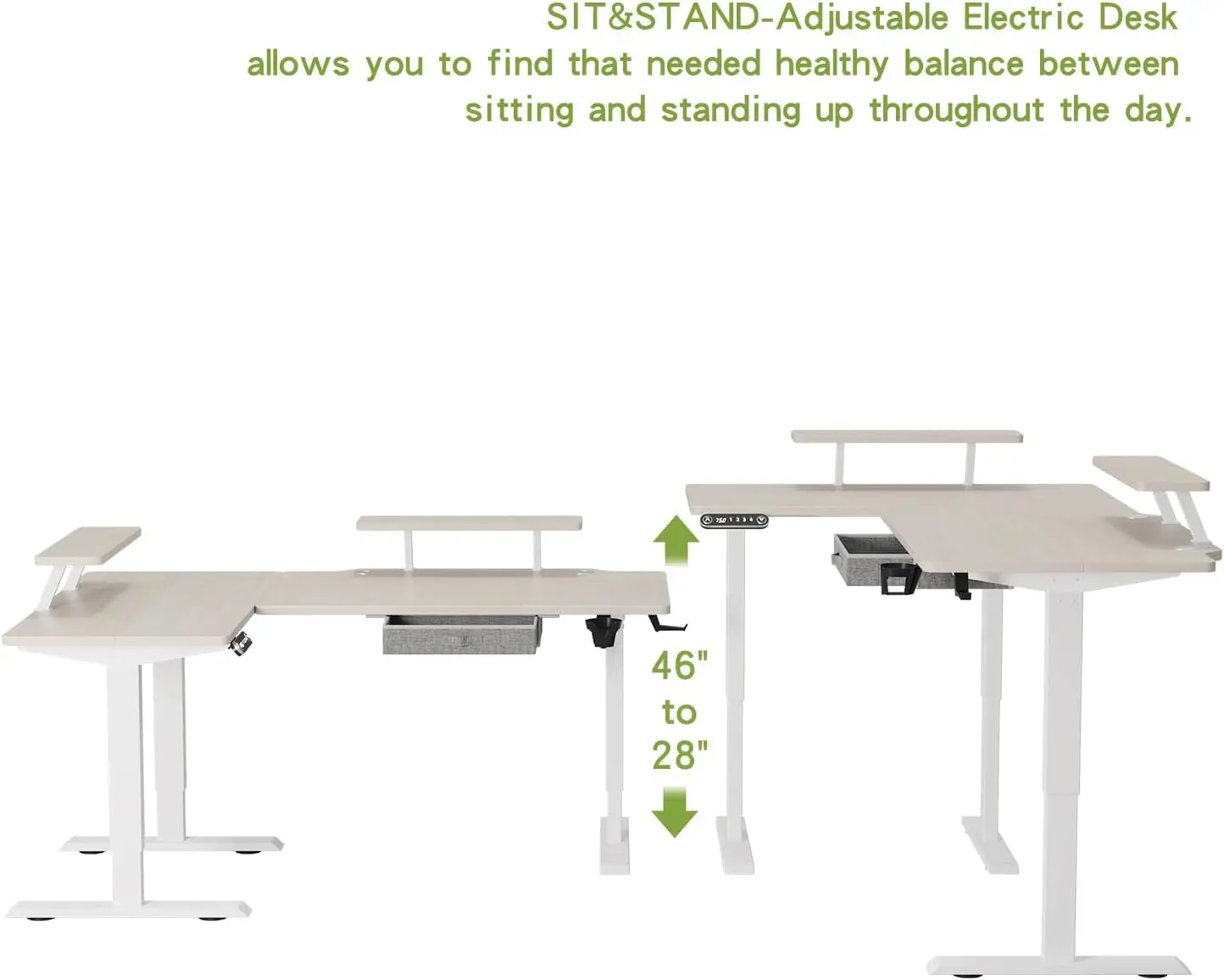 63-Inch Large Electric Height Adjustable Computer L-Shaped Desk，Corner Standing Desk Modern Workstation(White Frame + Oak Top)