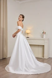 Satin Off-Shoulder Pleated A-Line Wedding Dress with Train Bridal Gown Elegant Female Special Occasion Gown