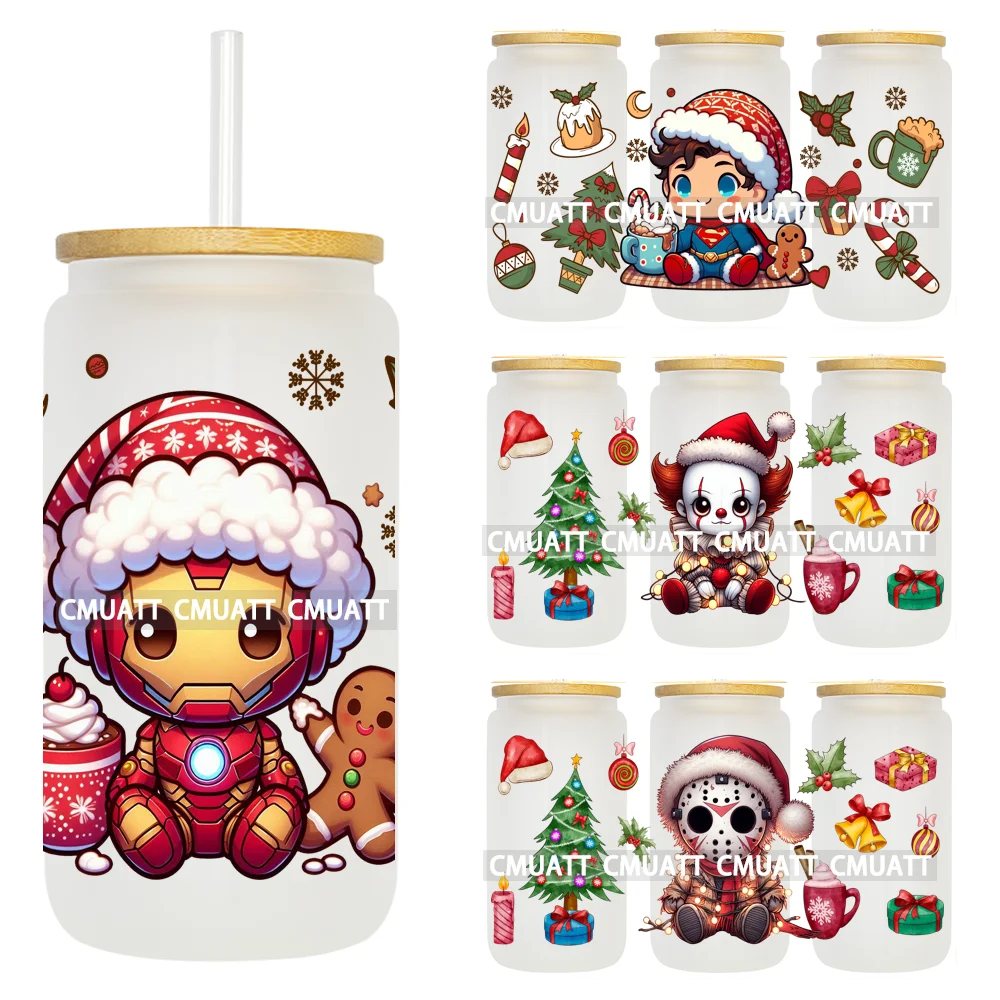 

Horror Movie Santa Hat Christmas Tree Xmas Cartoon Coffee Hot Chocolate DIY UV DTF Stickers Cup Wraps For 16OZ Libbey Glass Can