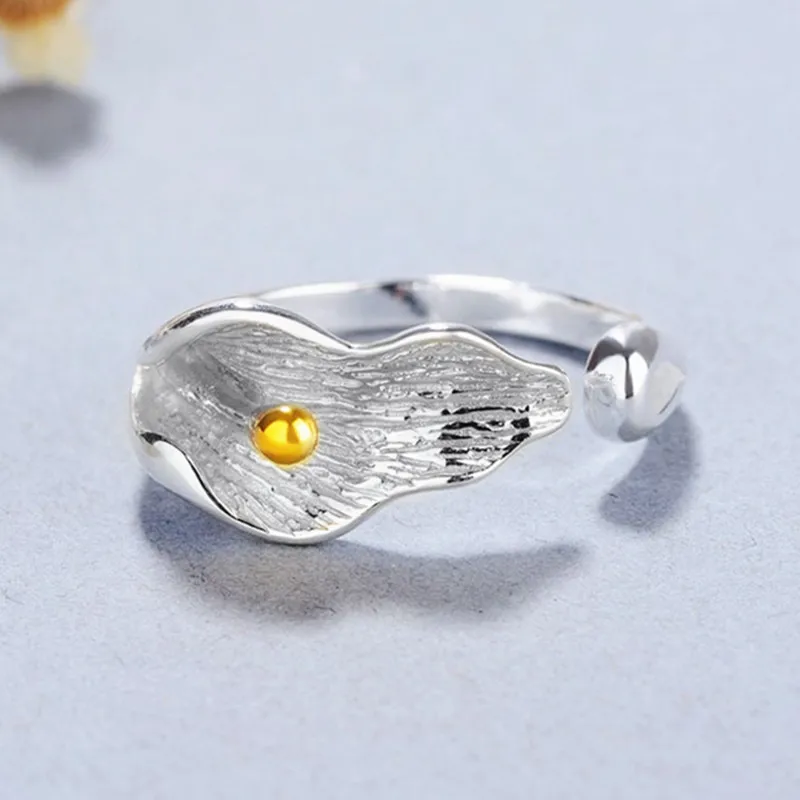 PANJBJ 925 Sterling Silver Lotus Ring For Women Retro TextureJewelry Irregular Creativity Adjustable Jewelry Party Gift Dropship