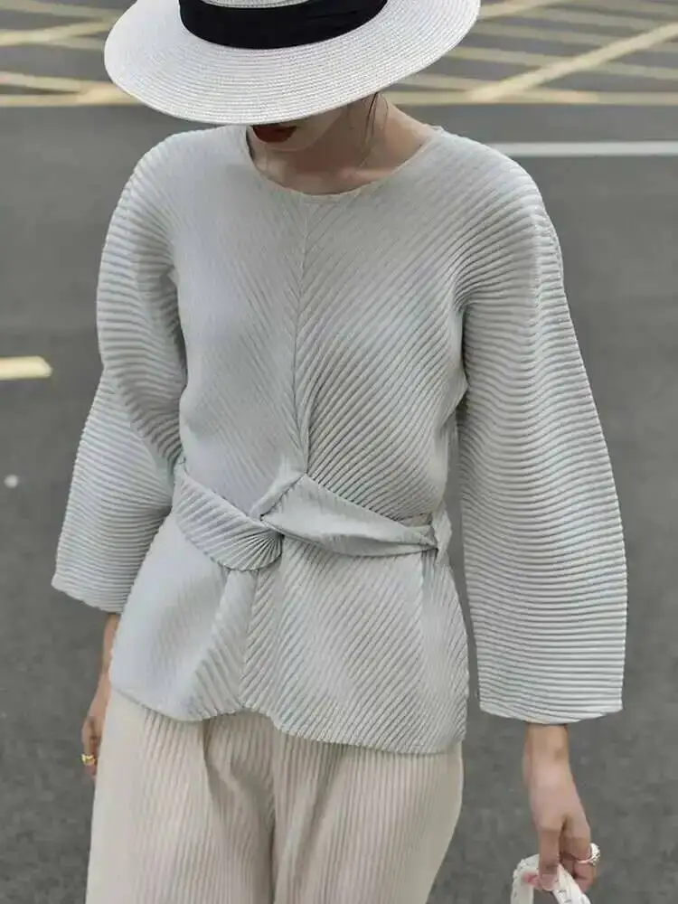 

Neck Women Round Bandage Waist Pleated T Shirt Loose Long Sleeves Solid Shirts Female Outwear Top 2024 Spring 0YSZ
