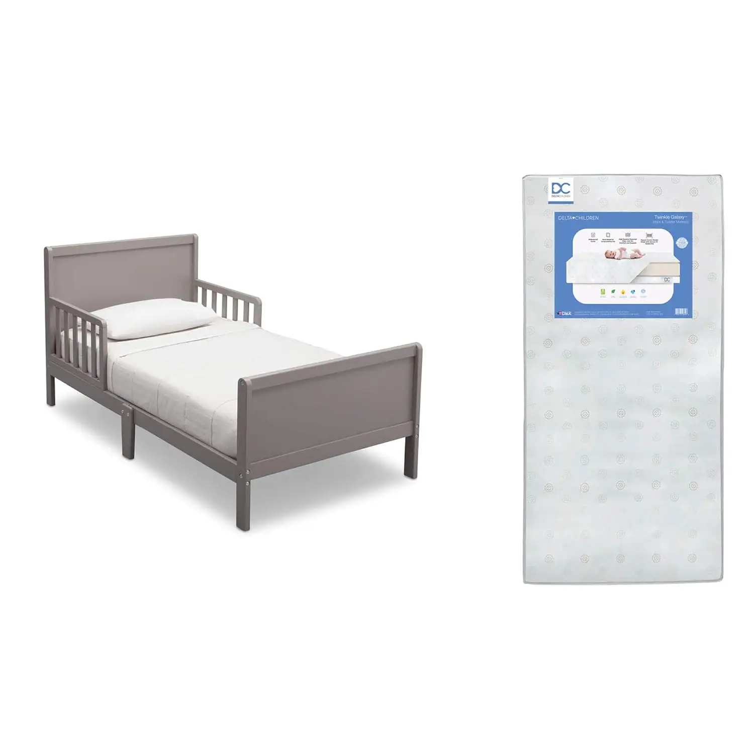 Delta Children Fancy Toddler Bed, Grey Twinkle Galaxy Dual Sided Recycled Fiber Core Crib and Toddler Mattress (Bundle)