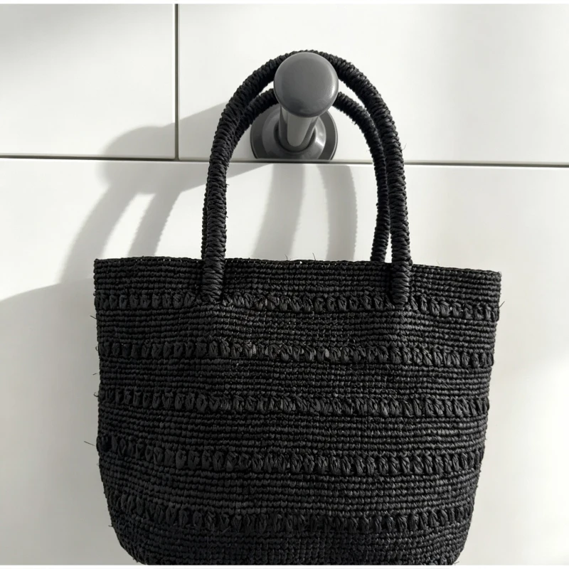 Einfarbige gewebte Handtasche, leichte Damen-Umhängetasche mit großem Fassungsvermögen, japanische Sommer-Strand-Urlaubstasche, lässige Pendler-Tragetasche – Detail 5