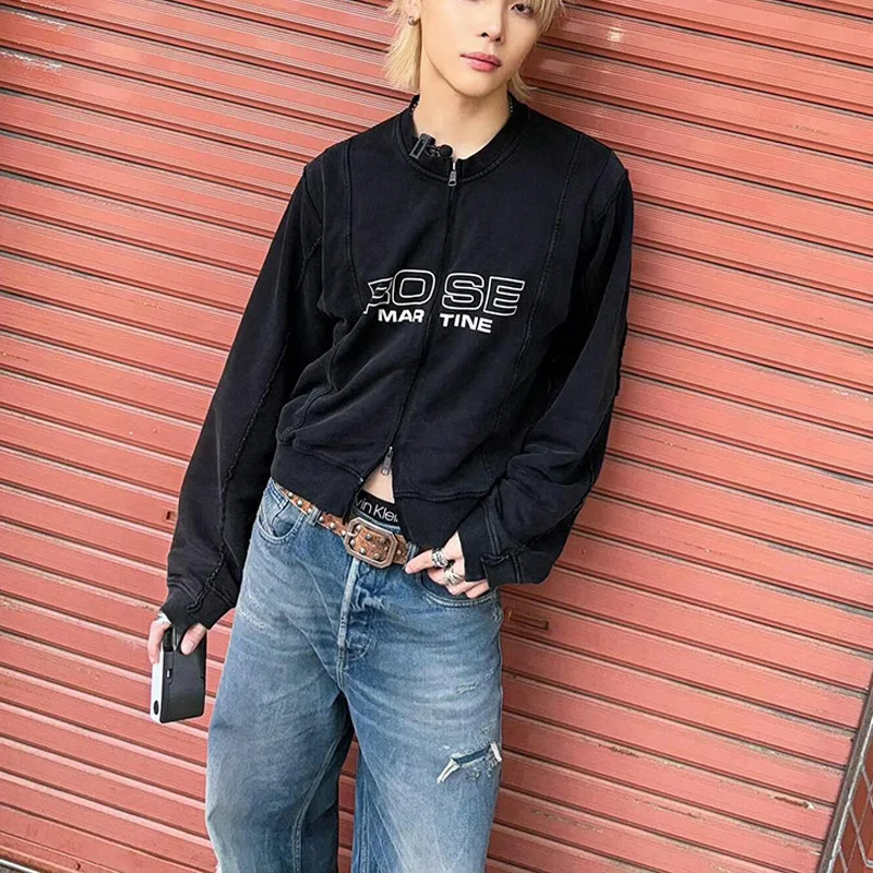 الخريف الشتاء 100% القطن خمر غسلها الأسود سستة سترات للعبة البيسبول الرجال النساء الجوف خطابات شعار طباعة مارتين روز معطف