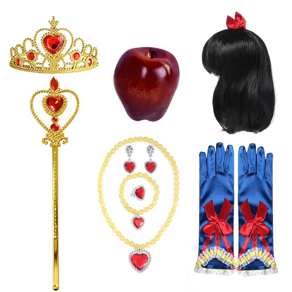 

Аксессуары для косплея Белоснежки для девочек, парик Белоснежки, аксессуары для костюмов, вечерние костюмы для косплея, волшебная палочка, парик, перчатки, бант, золотая корона, комплект