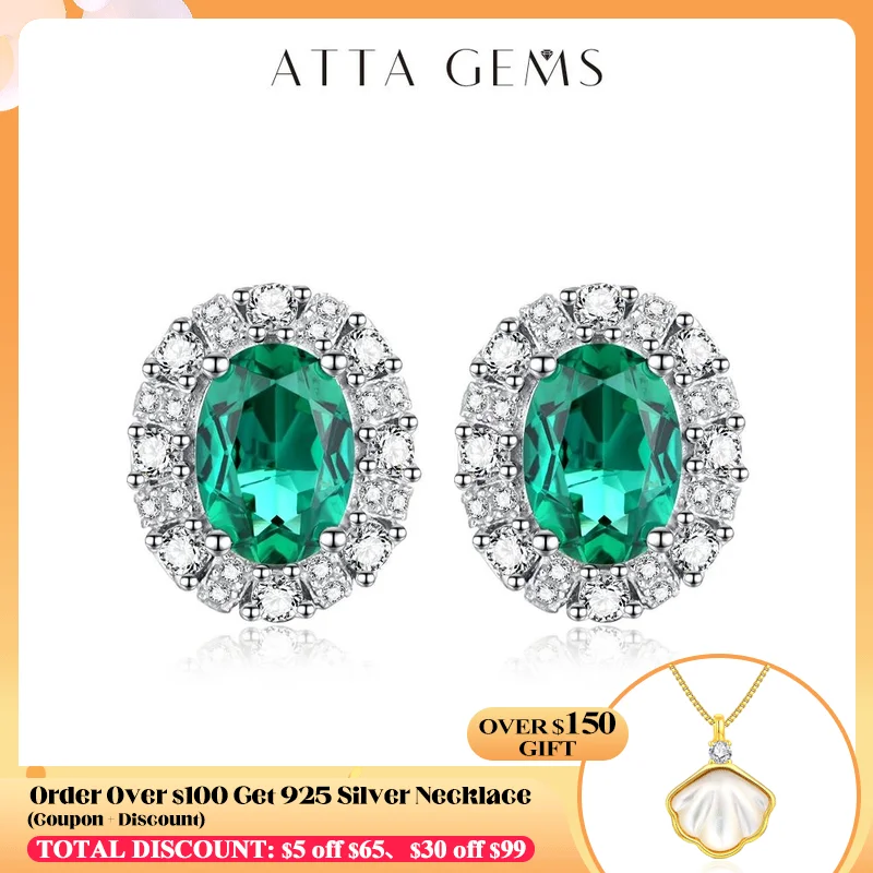 

ATTAGEMS 100% 925 Sterling Silver rhodium plating Oval Cutting Emerald Created Gemstone Stud Earrings for Women Fine Jewelry New