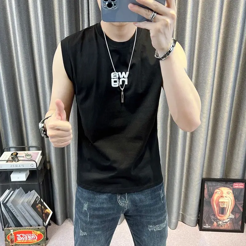 Fashion O-Neck Printed Letter Casual Tank Top T-Shirts Men\'s Clothing 2024 Summer New Loose Korean Sleeveless Tops All-match Tee