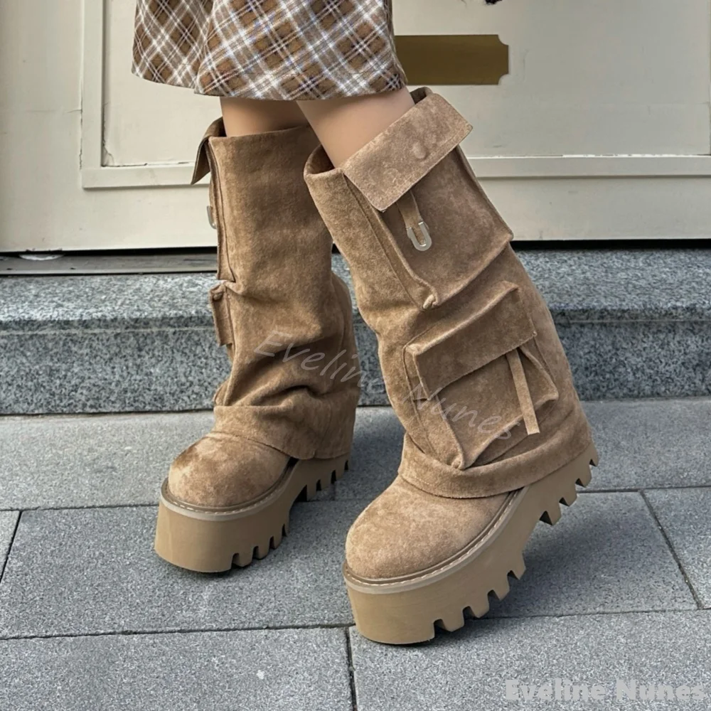 

Vintage Yadan Style Pocket Trouser Boots Women Platform Chunky Heel Anti-slip Knee High Boots 2025 New Turned-over Edge Boots