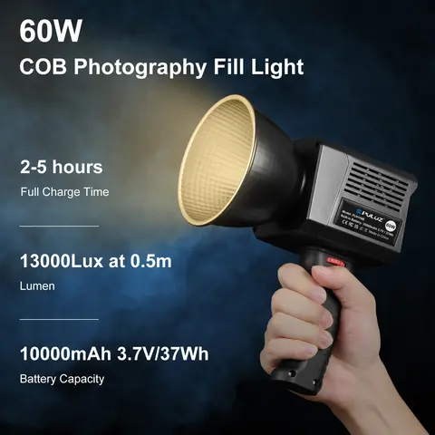 PULUZ 60W COB LED 비디오 라이트 핸드 헬드 필 라이트 2500K-6500K 듀얼 색온도 13000Lux 10000mAh 사진 스튜디오 라이트