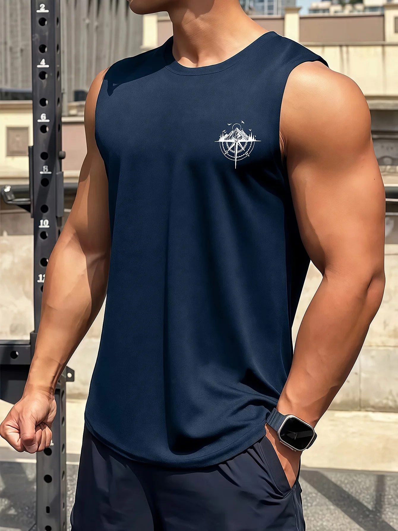 Men's fashionable casual sports loose compass and mountain pattern print comfortable and breathable round neck sleeveless vest image 4
