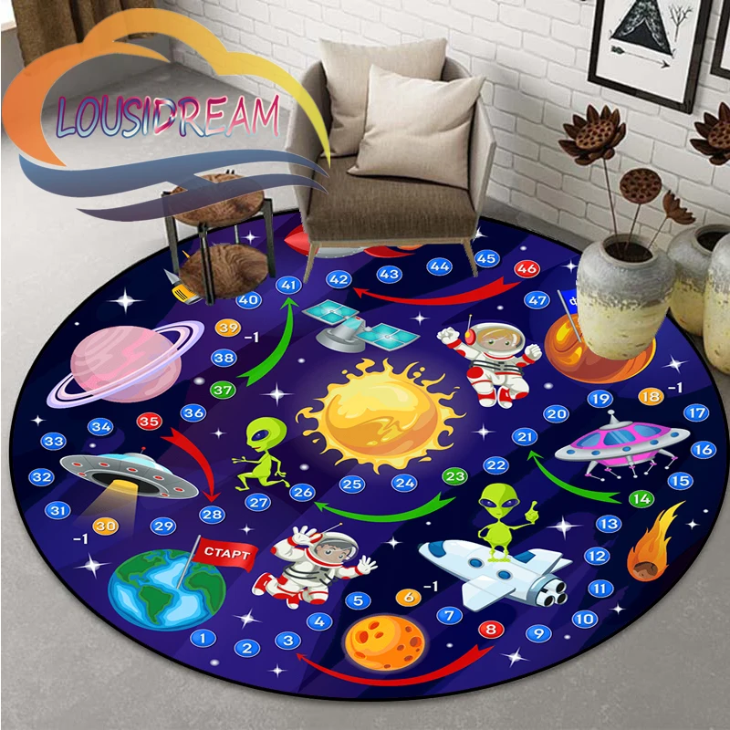 Espaço Universo Round Bedroom Floor Mat, Computer Chair Area Decoração Tapetes, Vector Ufo e muitos planetas na galáxia