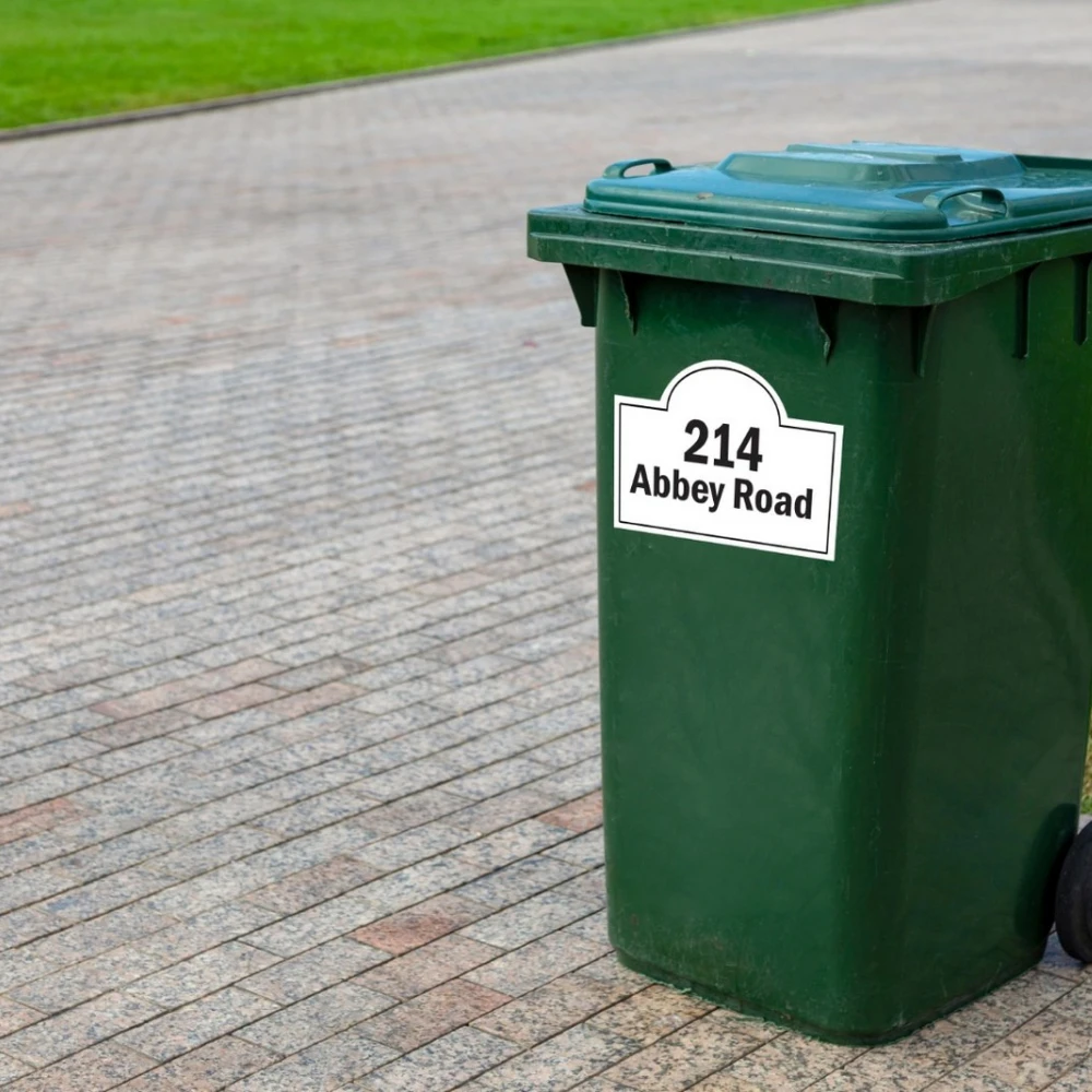 3x Personalised Black White Wheelie Bin Sticker Custom Street Name House Address
