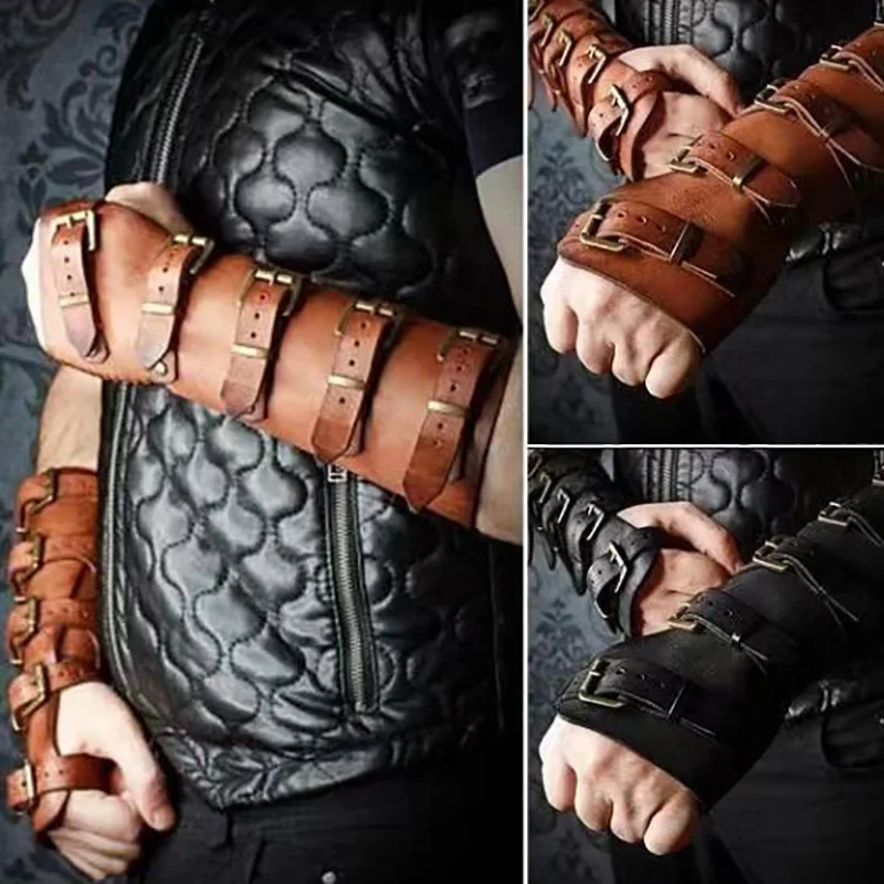 Medieval Renaissance Arm Guards Armor Bracer Viking Knight Gladiator Cosplay Costume PU Leather Gloves Gauntlet Halloween Props