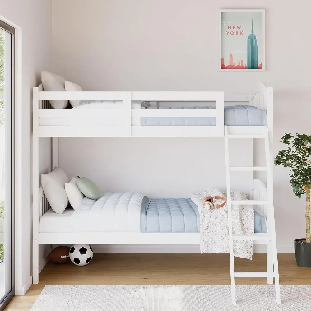 

A Twin Over Twin Low Bunk Bed with Ladder, Converts to 2 individual twin beds，Wooden Bunk beds with Guardrail for Kids,Toddlers