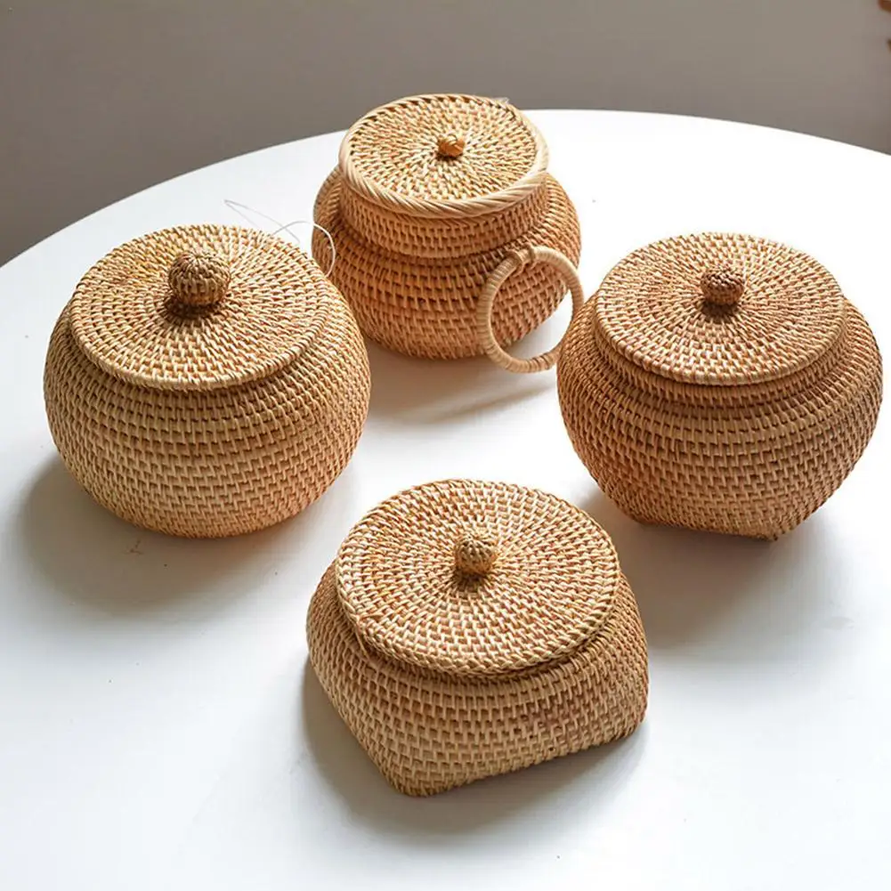 Handwoven Rattan Boxes With Lid Hand-Woven Multi-Purpose Wicker Tray Tea Bag Organizer Candy Snack Container Desktop Decoration