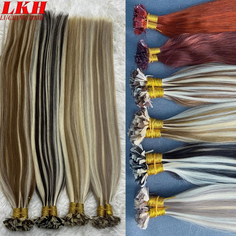 

Наращивание волос с плоскими кончиками Remy, 100% человеческие шиньоны, прямые кератиновые капсулы, кончики волос