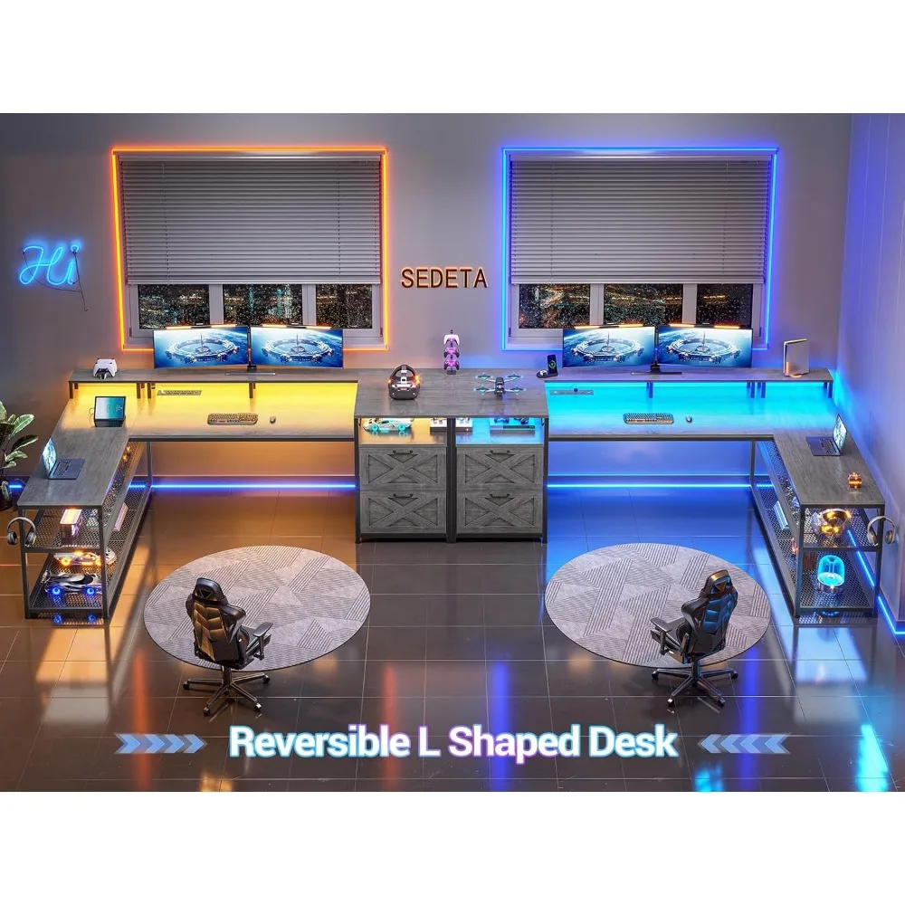 L-Shaped Desk with Storage, LED Gaming Desk, Computer Desk with Drawers and Power Outlet, Reversible Office Desk with Shelves