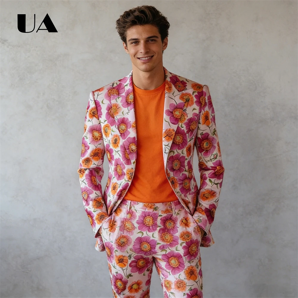 

Однобортный мужской костюм с цветочным принтом, современный костюм для выпускного вечера, наряд для свадебного гостя, выступление на сцене певицы, смокинг для ведущего