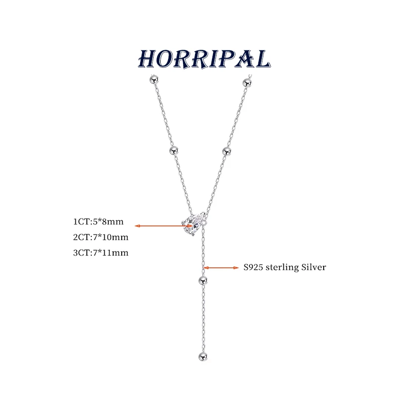 HORRIPAL Y-Style 1/2/3CT Waterdrop Moissanite Pendant Necklace for Women GRA S925 Silver New Classic wedding Party Fine Jewelry