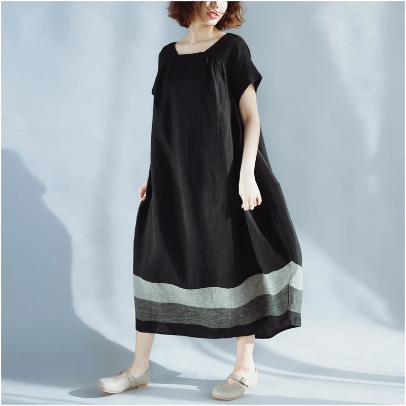 

Summer plus size cotton and linen dress women's art stitching contrast short sleeve casual dress