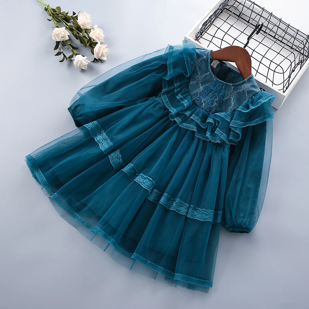 2-7 Years High Quality Spring Autumn Girl Dress New Lace Chiffon Floral Draped Ruched Kid Children Clothing Girl Princess Dress