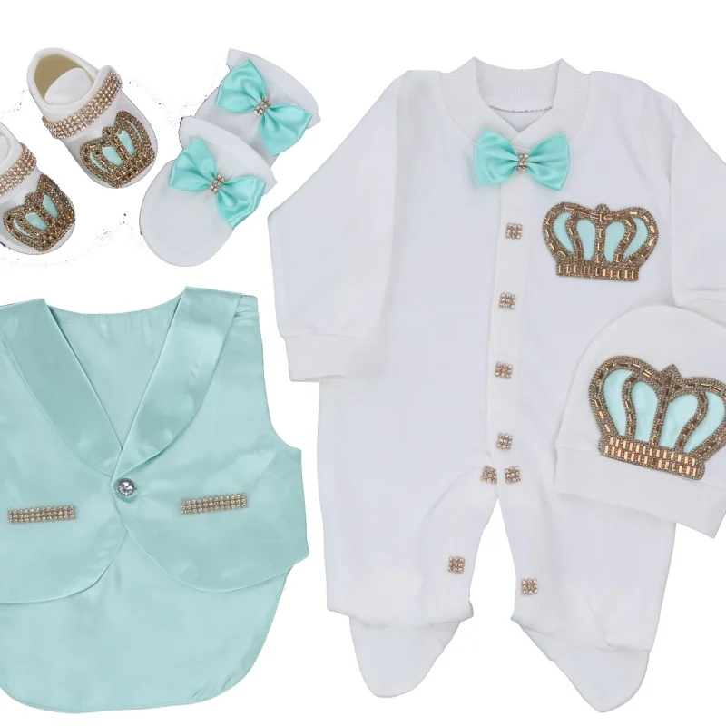 

Soft Cotton Newborn Outfit 0-9 Months 5Pcs White Mint Green Satin Vest Bow Tie Rhinestone Double Crown Footed Romper