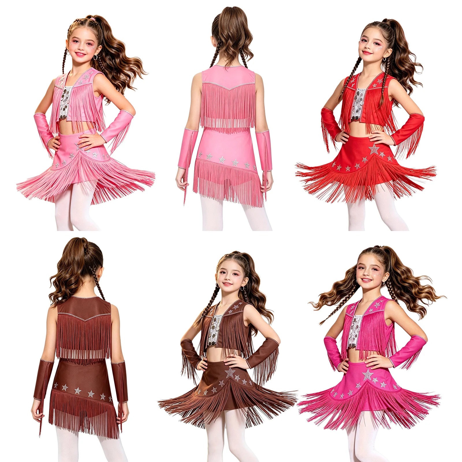 Kids Girls Western Cowgirl Jazz Dance Outfit Tassel Crop Tops with Culottes Oversleeve for Halloween Carnival Party Performance