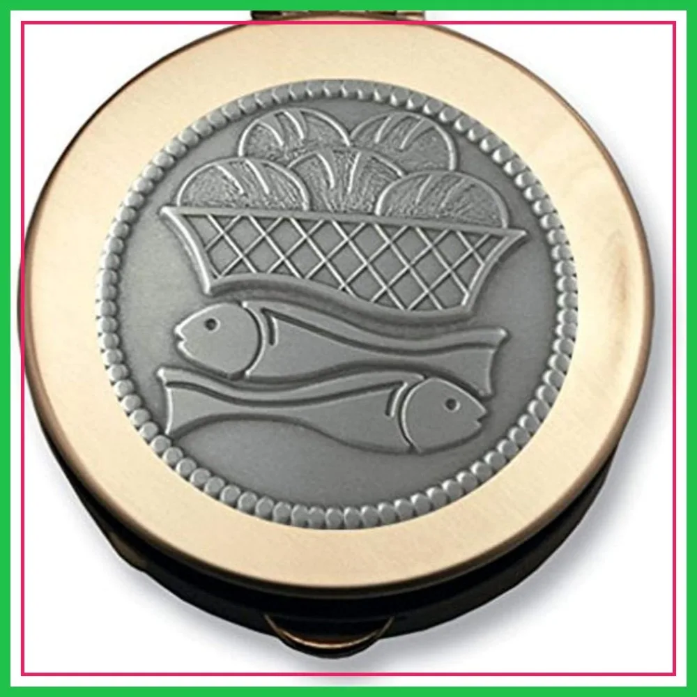 Brass Holy Communion Pyx Keepsake Box, 1.5 Inch, Loaves and Fish Design