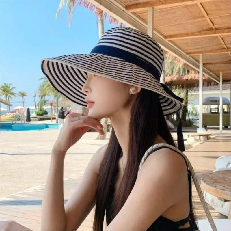 

Повседневная складная шляпа с широкими полями, в полоску, свободного кроя, в рыбацком стиле, с завязками.