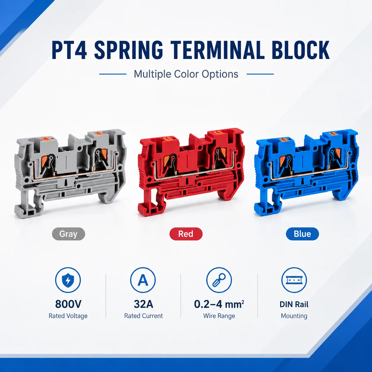 10PCS/LOT PT4 Feed Through Spring Push In DIN Rail Terminal Block 24-12 AWG 800V 32A