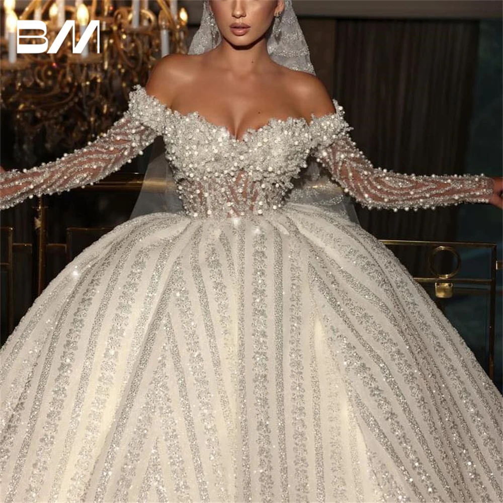 Luxury Beads Sequined Wedding Dress Off The Shoulder Long Sleeves Ball Gown Bride Dresses Custom Made Plus Size Bridal Gown